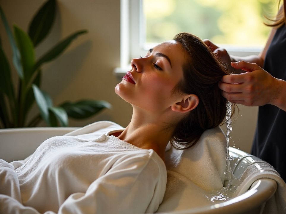 A client reclined at a basin having her hair rinsed