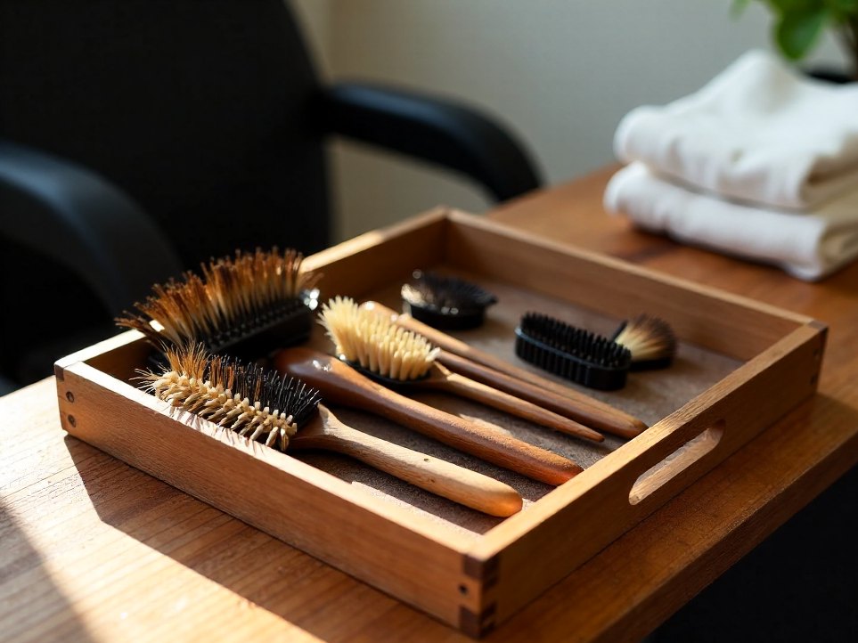 A stylist's tray of brushes and combs laid out on a timber bench