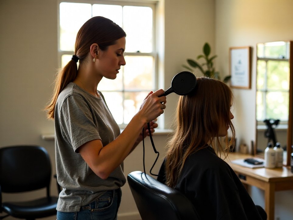 A stylist blow-drying a client's hair in a neighbourhood salon