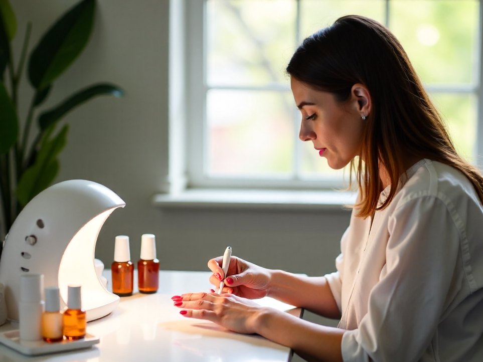 A nail technician applying gel polish at a manicure table