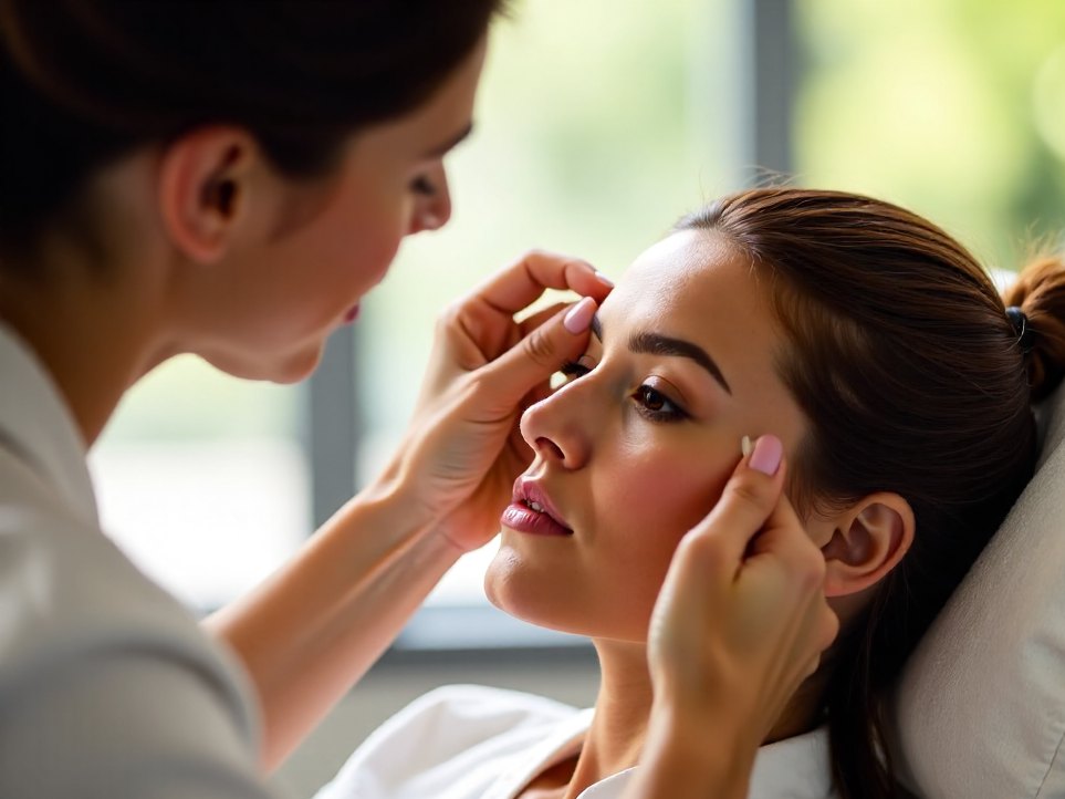 A beautician threading a client's eyebrows