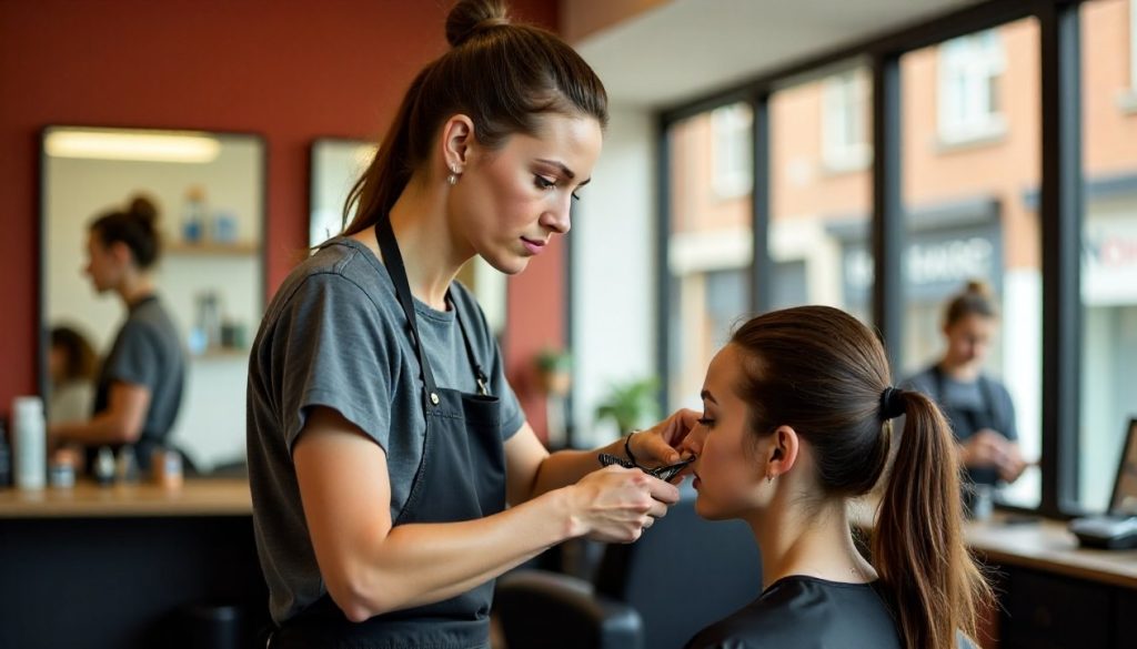A stylist mid-cut on a client seated in an open hair studio under warm light