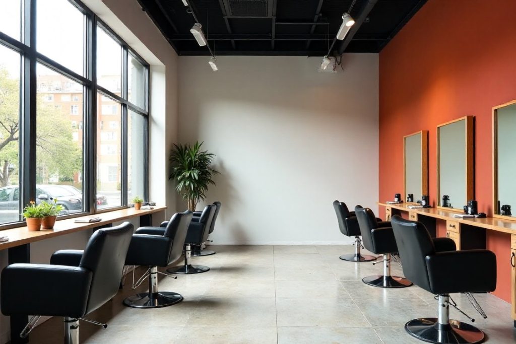 Wide view of an open unisex hair studio with pale grey walls and rust accents