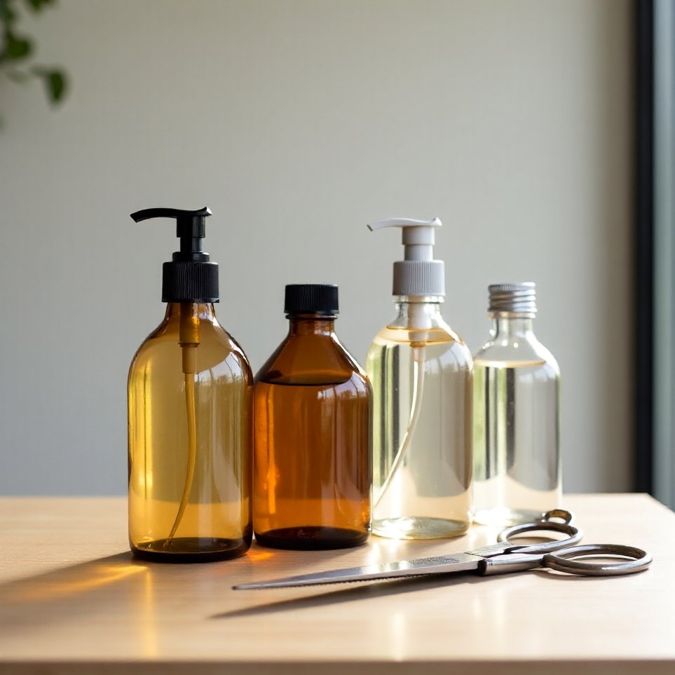 Unlabelled bottles lined up on a hair studio counter