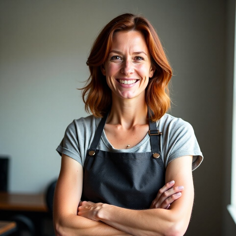 Portrait of a stylist standing against a pale grey studio wall