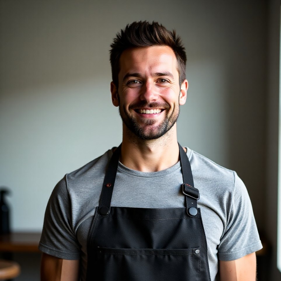 Portrait of a stylist standing against a pale grey studio wall