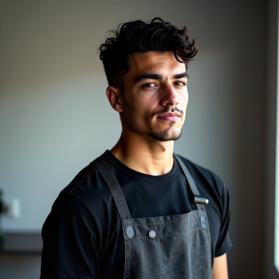 Portrait of a stylist standing against a pale grey studio wall