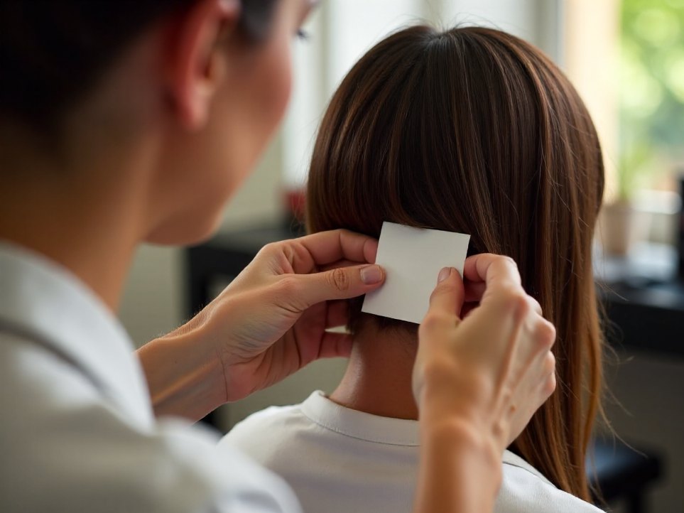 Close view of a stylist sectioning hair with foil during a colour service