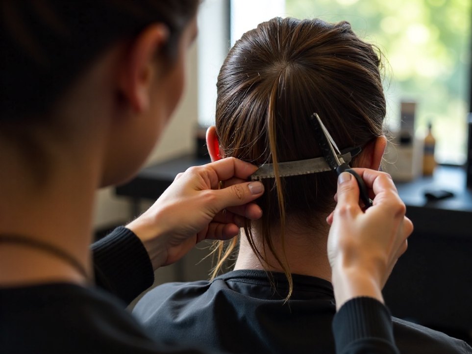 A stylist's hands cutting hair with scissors and a comb