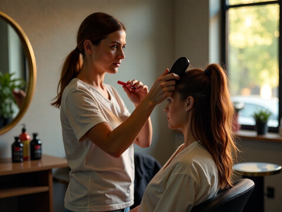 A stylist blow-drying and finishing a client's hair with a round brush