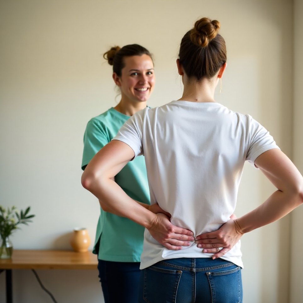 A physiotherapist assessing a client's lower back movement