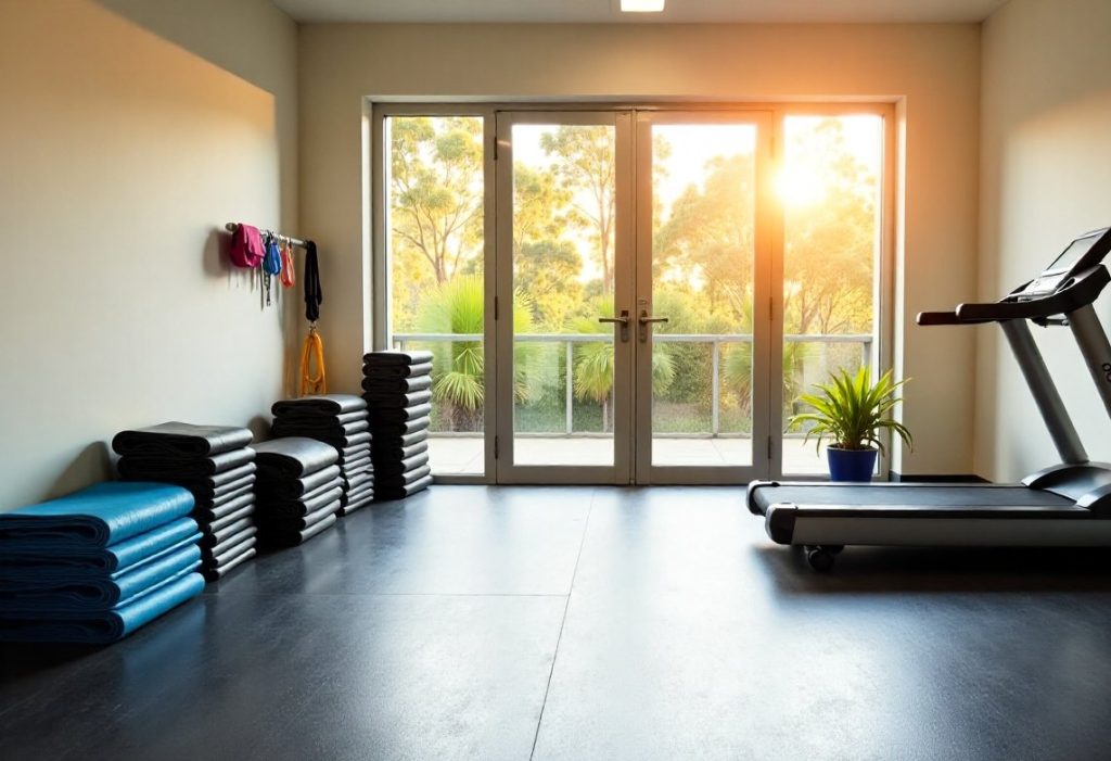 The open rehab gym at Keystone Physio with mats and parkland light beyond