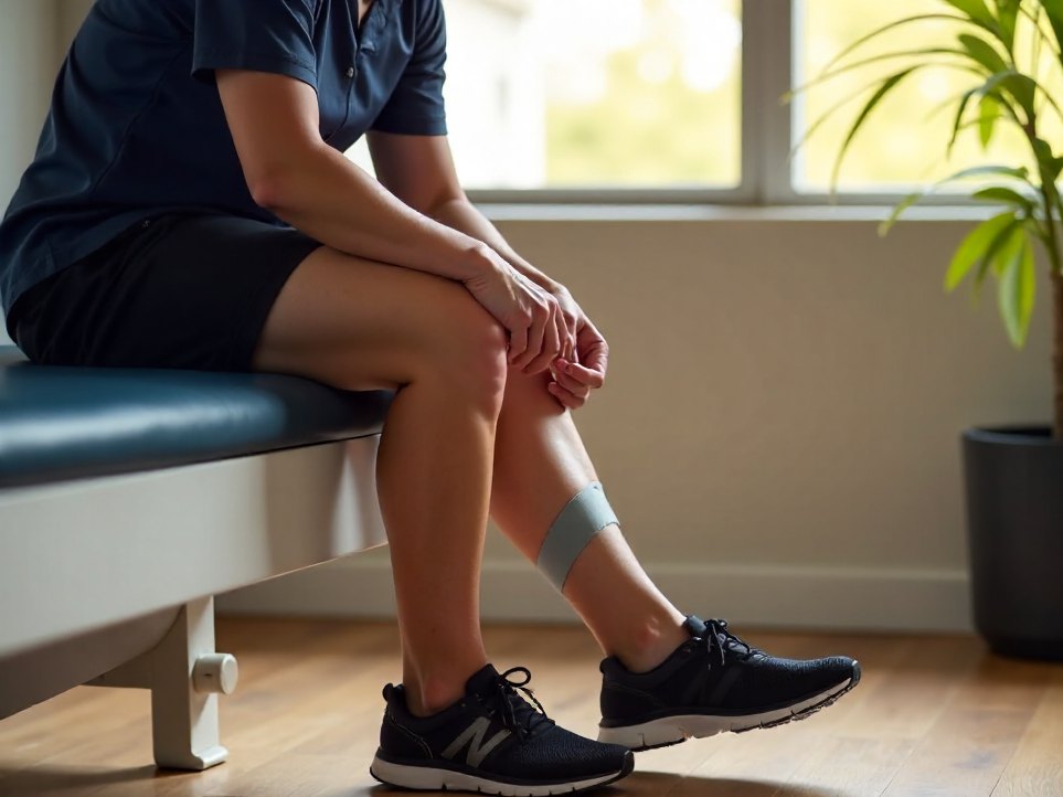 A physiotherapist taping an ankle during a sports injury consultation