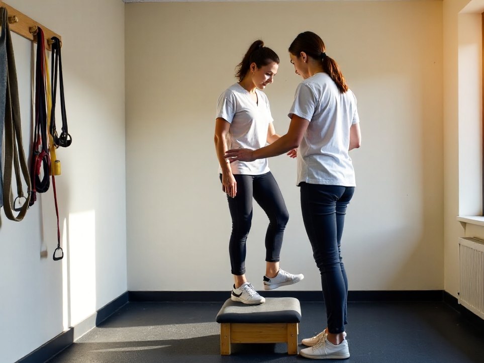 A client doing a supervised step-up exercise in the rehab gym