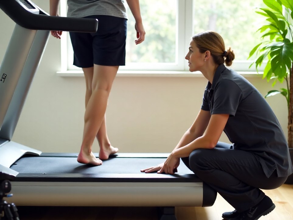 A physiotherapist watching a client walk on the treadmill