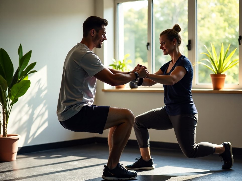 A physiotherapist coaching a client through a kettlebell exercise