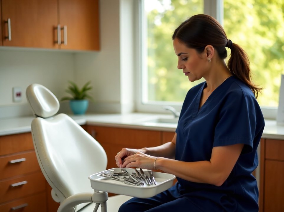 A hygienist setting out instruments beside an empty dental chair