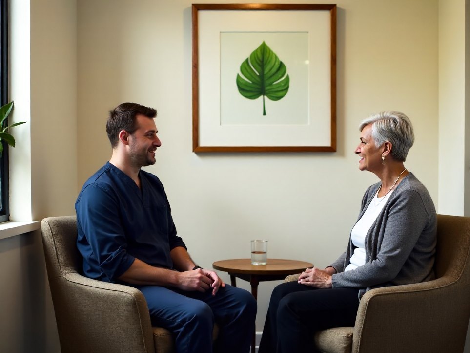 A dentist talking with a new patient in armchairs before any treatment