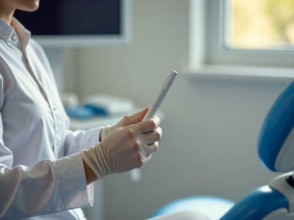A dentist holding a small intraoral scanner beside the chair