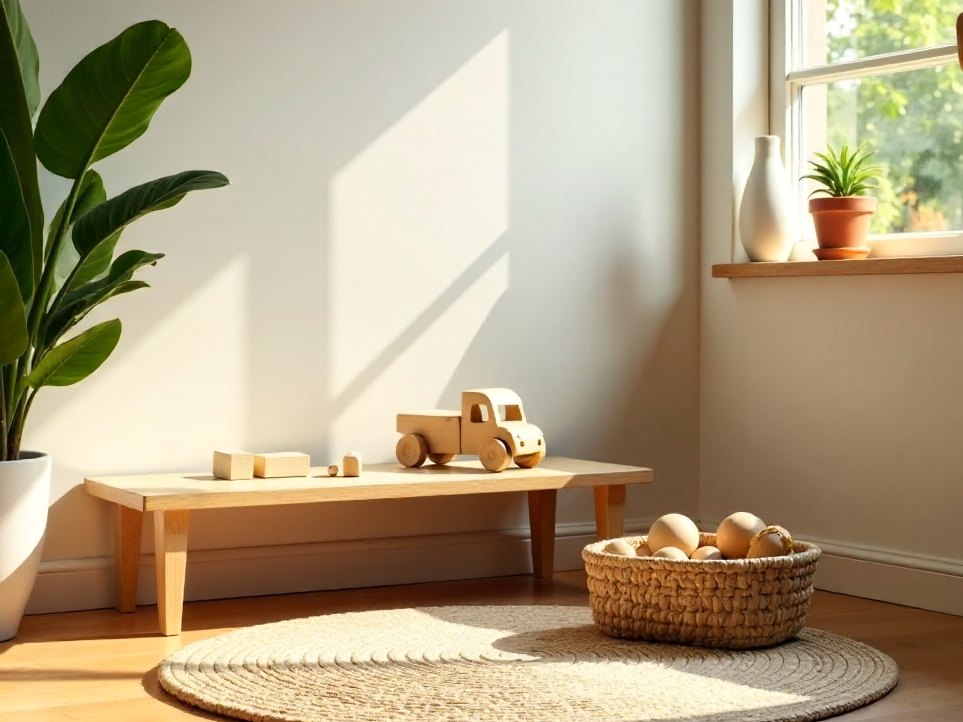 A small play corner with wooden toys in the waiting room
