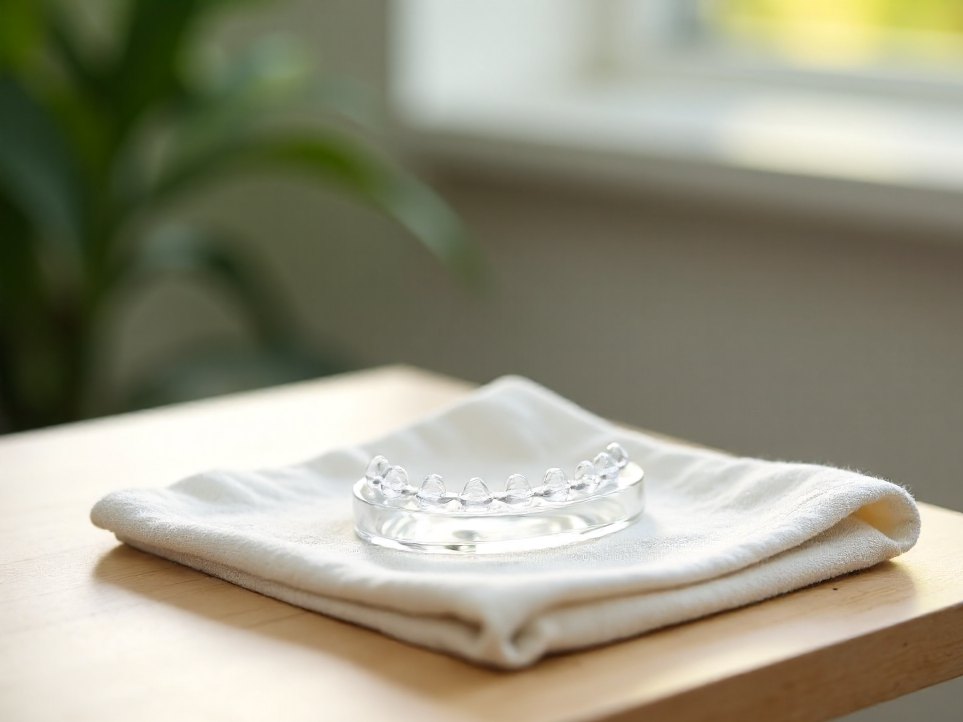 A clear aligner tray resting on linen on a timber bench