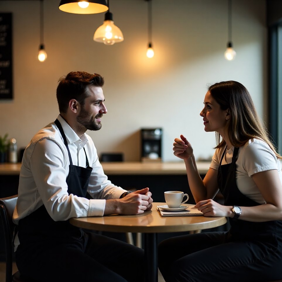 A café owner talking with her accountant across a small table