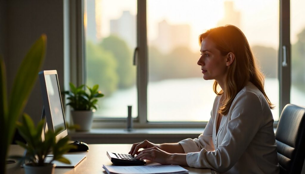 An accountant at a desk with a closed folder and a calculator, warm office light