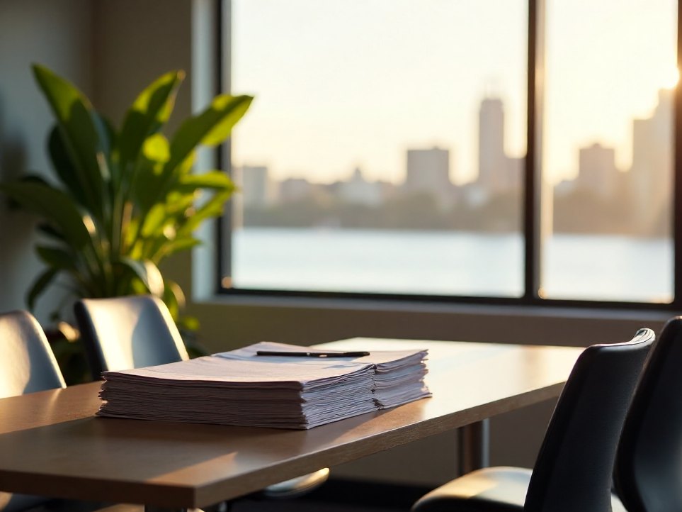 A small accounting office meeting table with river light through the window