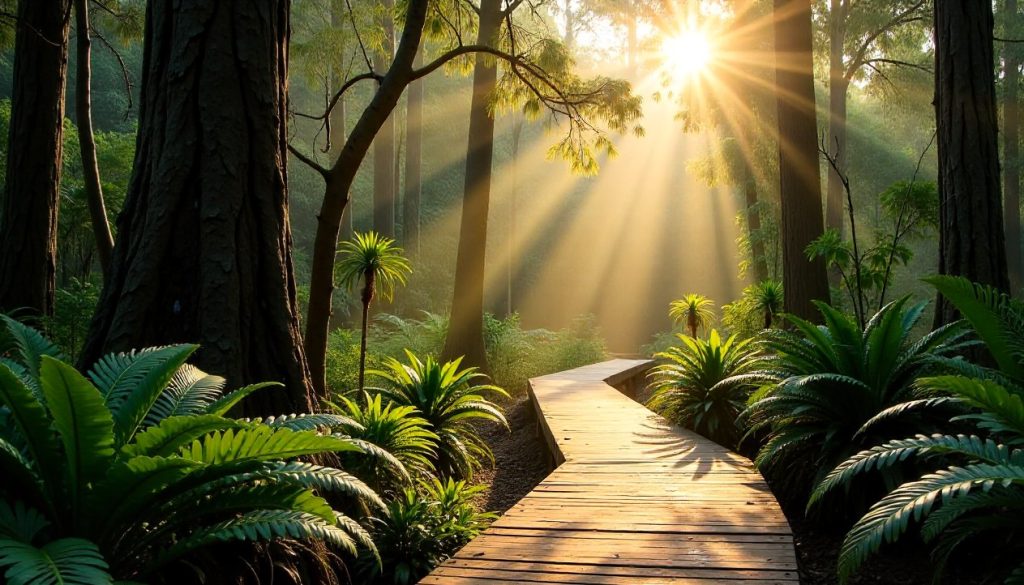 A timber boardwalk through a Queensland rainforest, early morning mist