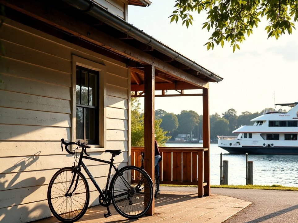 A weatherboard riverside office near the Bulimba ferry, morning light