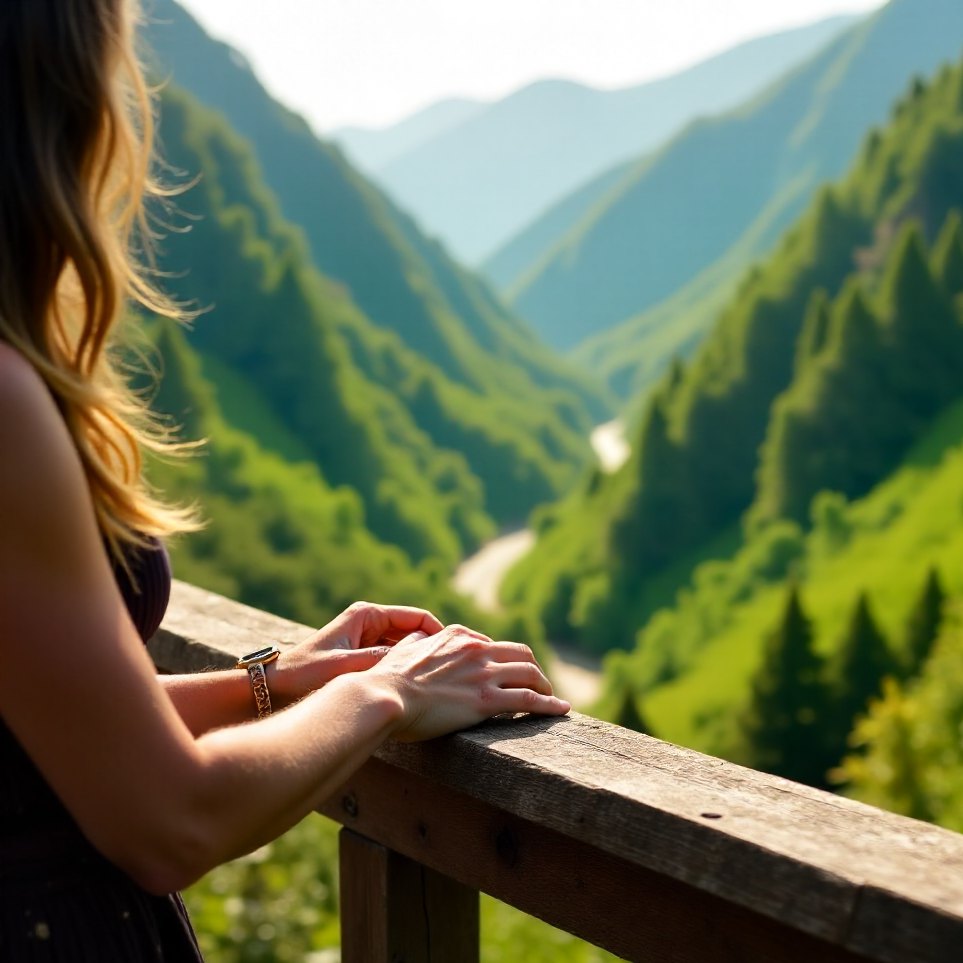 A traveller's hands resting on a timber railing overlooking a valley