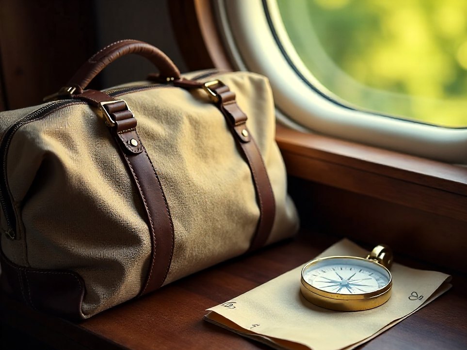 A packed travel bag and a compass on a wooden bench