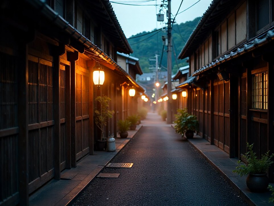 A quiet backstreet in a Japanese hot-spring town, evening light