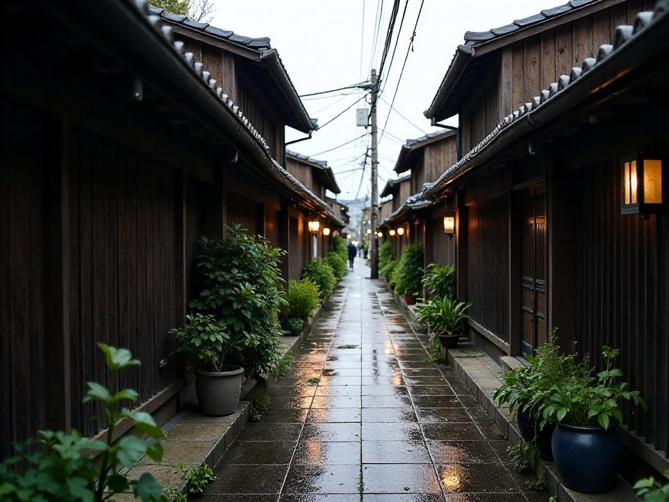 A narrow Japanese lane glistening after rain