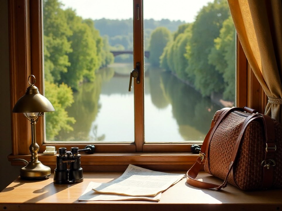 A travel planner's desk by a window overlooking the river