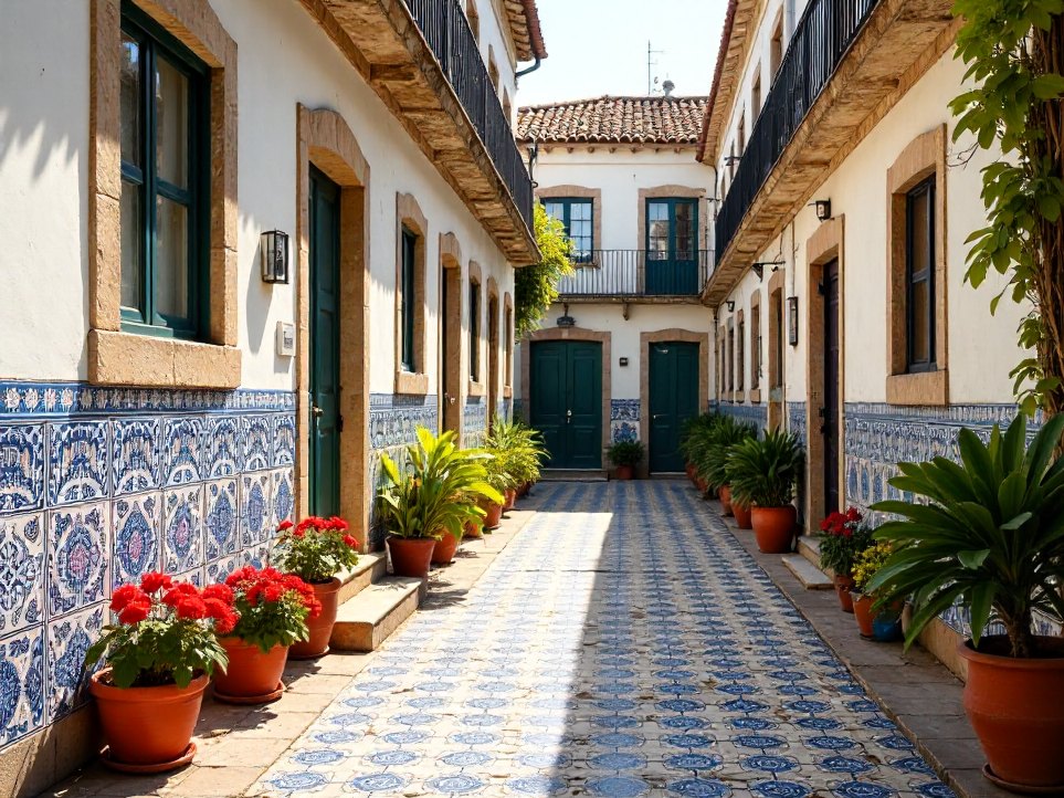 A blue-and-white tiled courtyard in northern Portugal