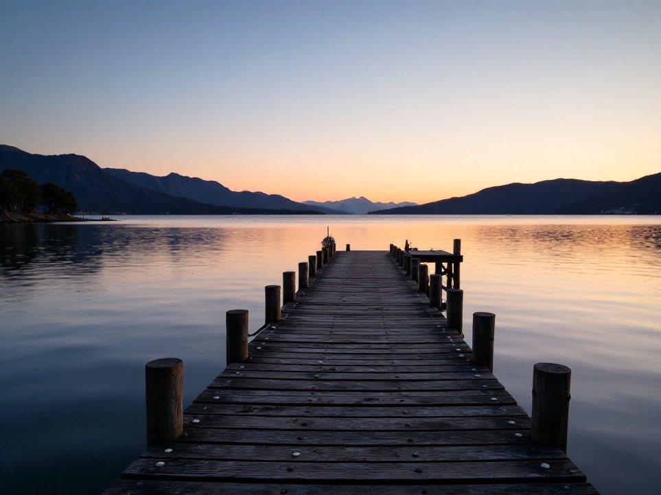 A weathered jetty on a still Tasmanian bay
