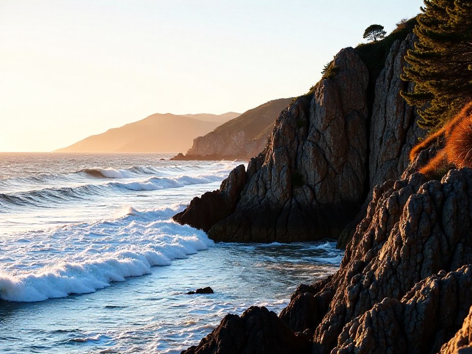 A rugged Tasmanian coastline at golden hour