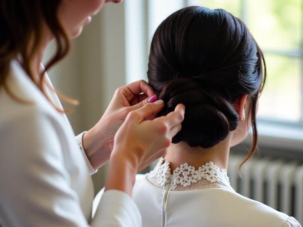 A stylist pinning a bridal chignon