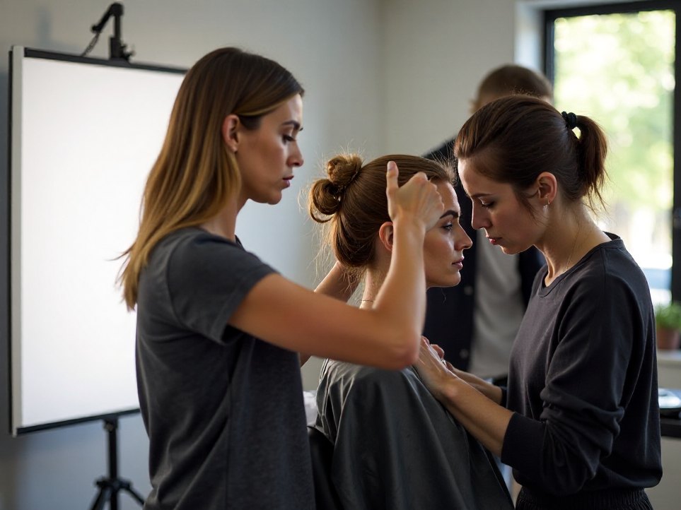 A stylist working on set for an editorial photo shoot