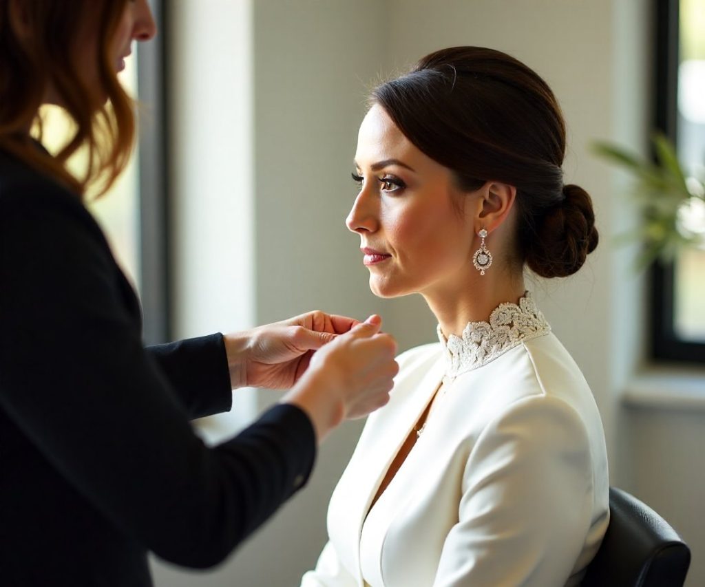 A bride having her hair pinned into a low chignon before her wedding