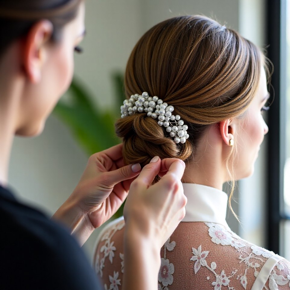 A stylist pinning a veil into a bride's finished chignon