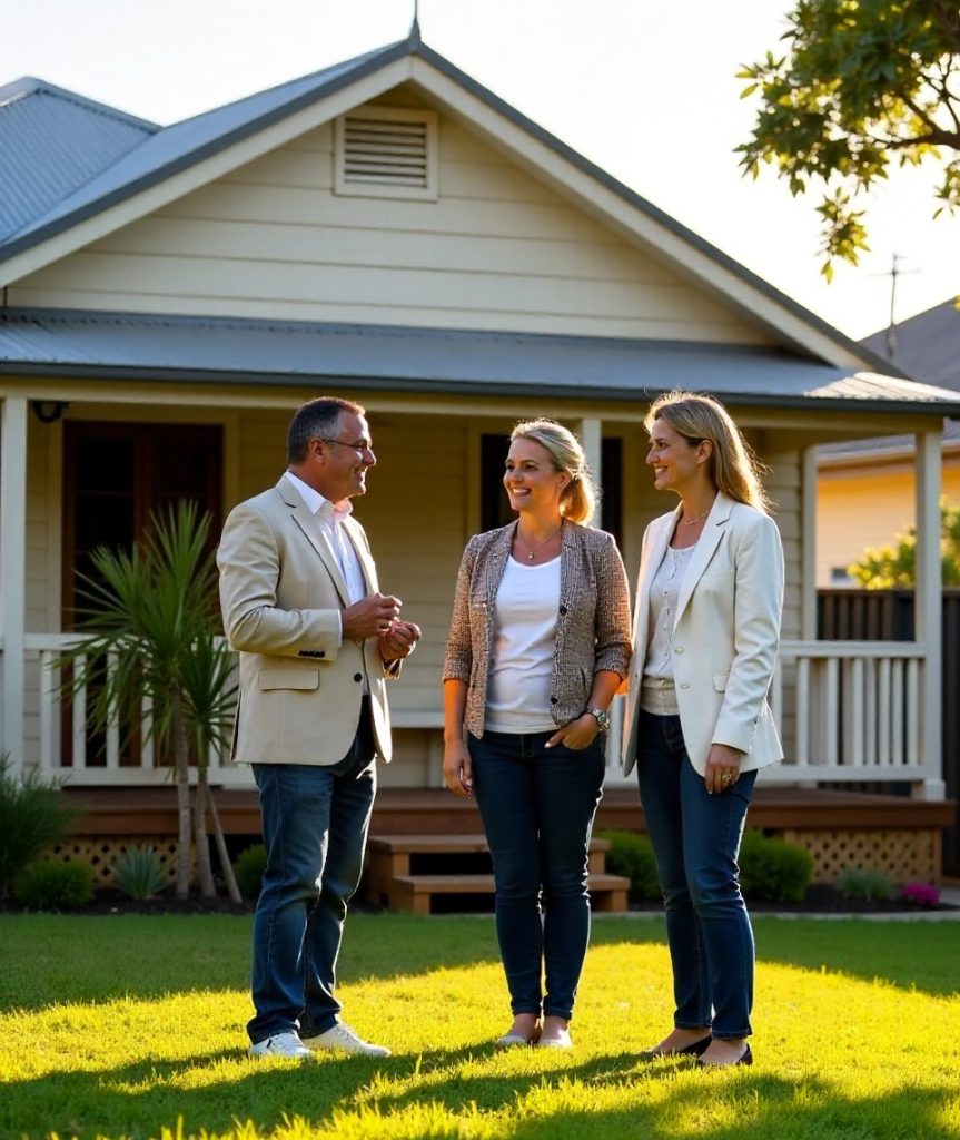 An agent and a couple standing outside a Queenslander home