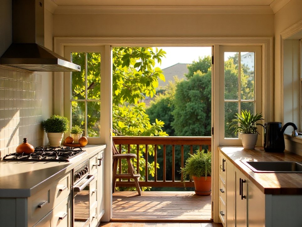 A renovated Queenslander kitchen opening onto a deck