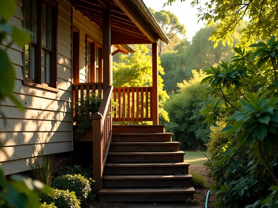Timber stairs with hanging ferns beside a Queenslander home