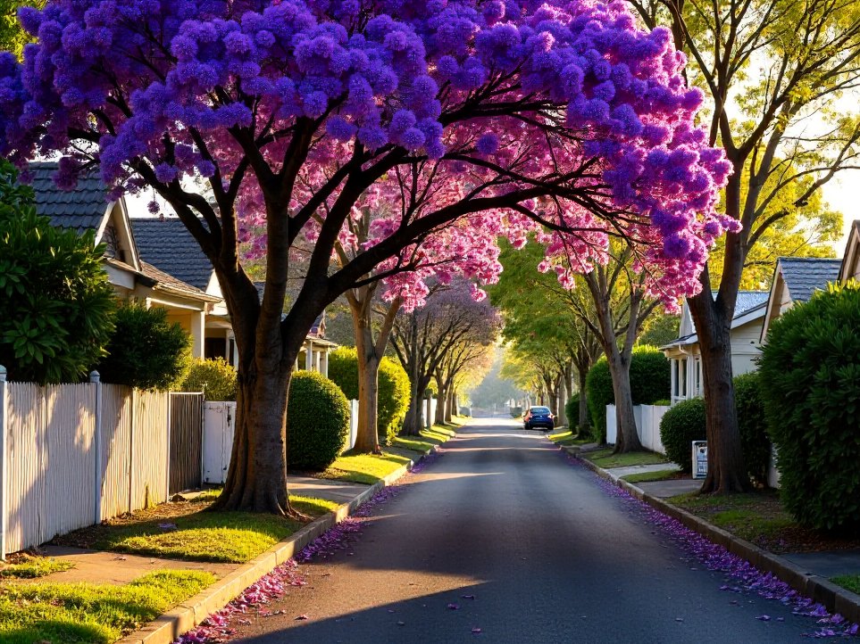 A jacaranda-lined street of Queenslander houses