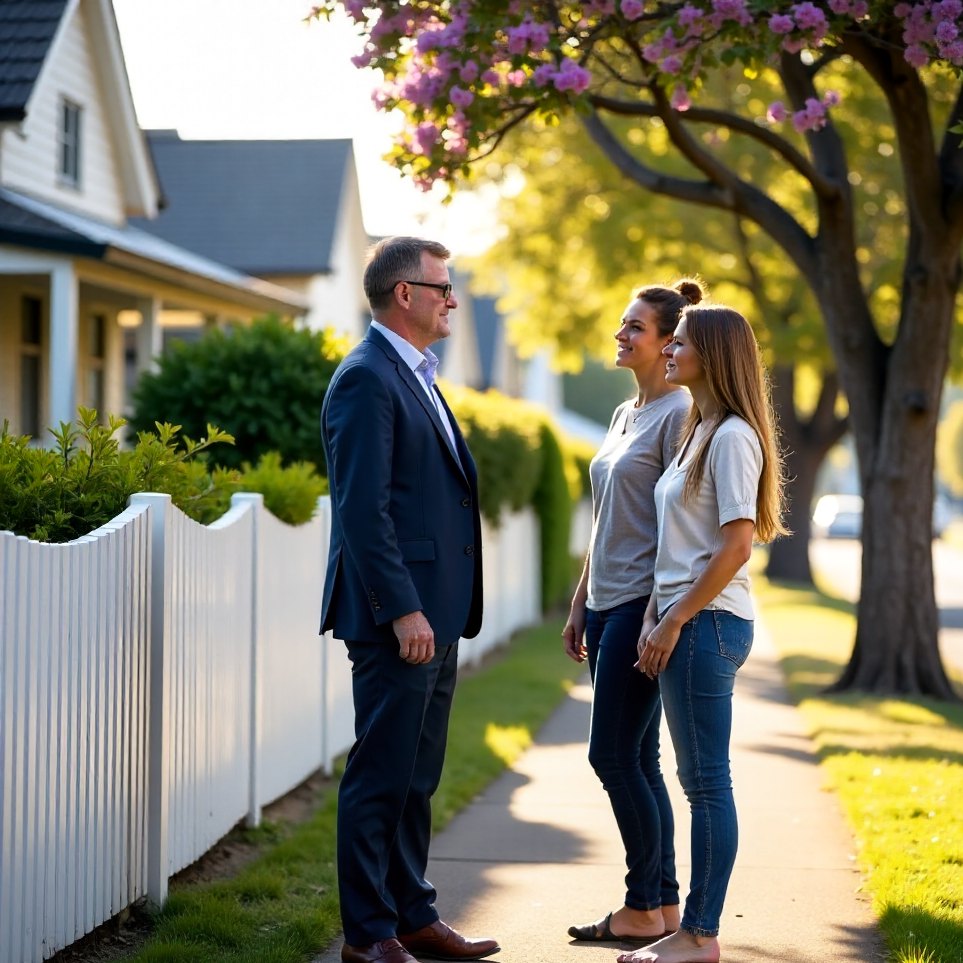 An agent walking a leafy Bulimba street with a couple