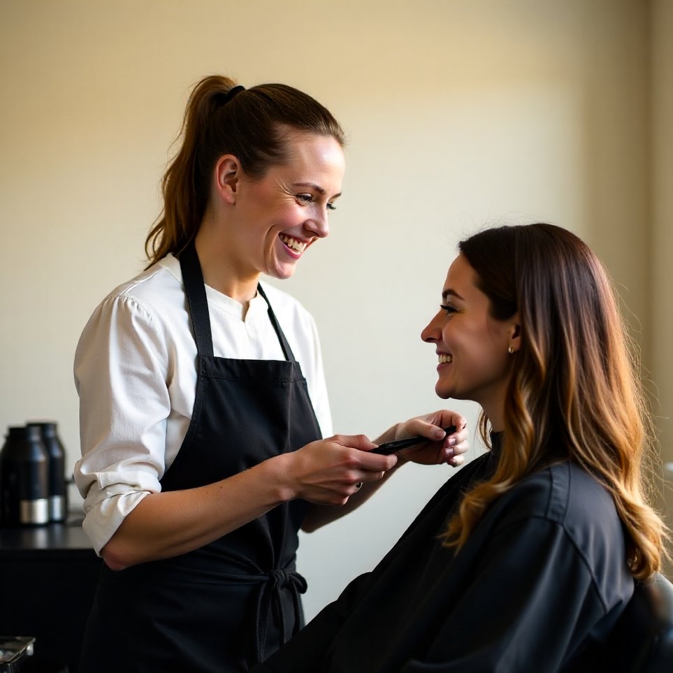 A stylist and client mid-conversation at the styling station