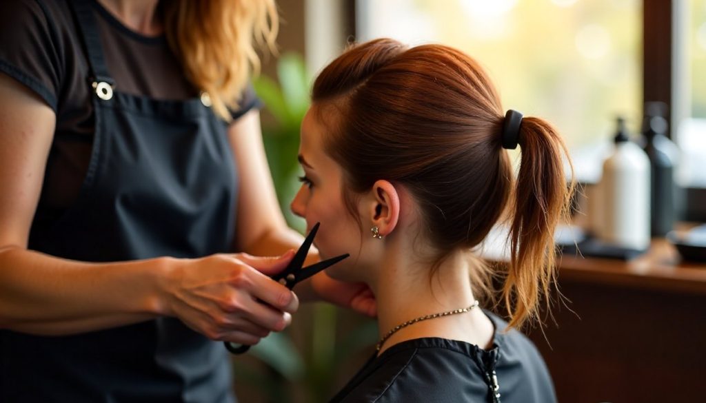 A hairstylist mid-cut at a styling chair, warm window light