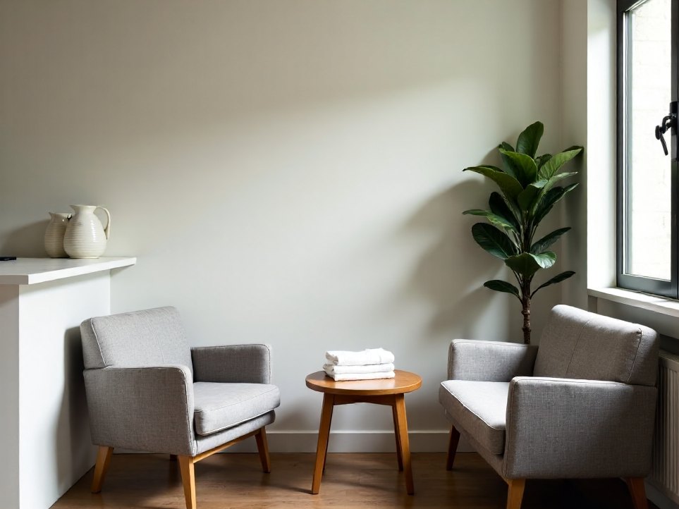 The studio reception area with soft window light